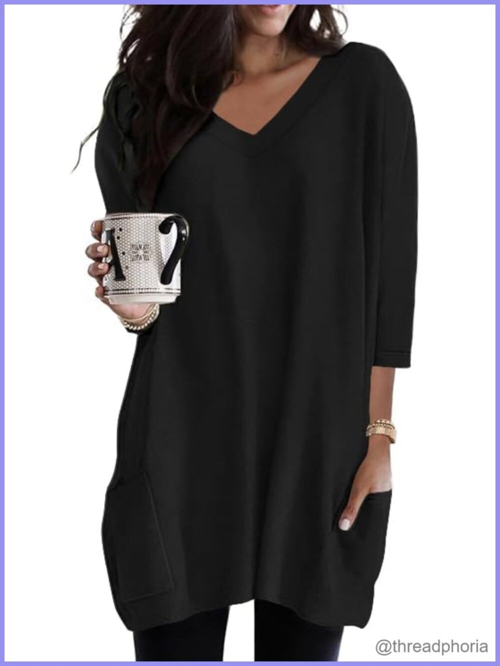 Womens 3/4 Sleeve Tunic Top with Pockets Loose Fit Rayon Spandex